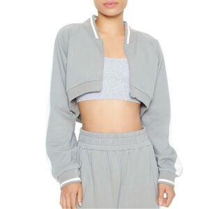 Forever 21 French Terry Striped Trim Cropped Jacket Women’s Size S Gray White